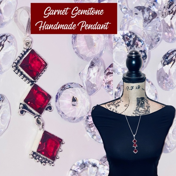 Elegant Garnet 3 Gemstone Drop Handmade Pendant - Picture 5 of 7